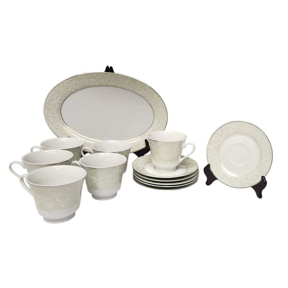 JCPenney Chris Madden Chambour Green White Silver Cup & Saucer/ Platter